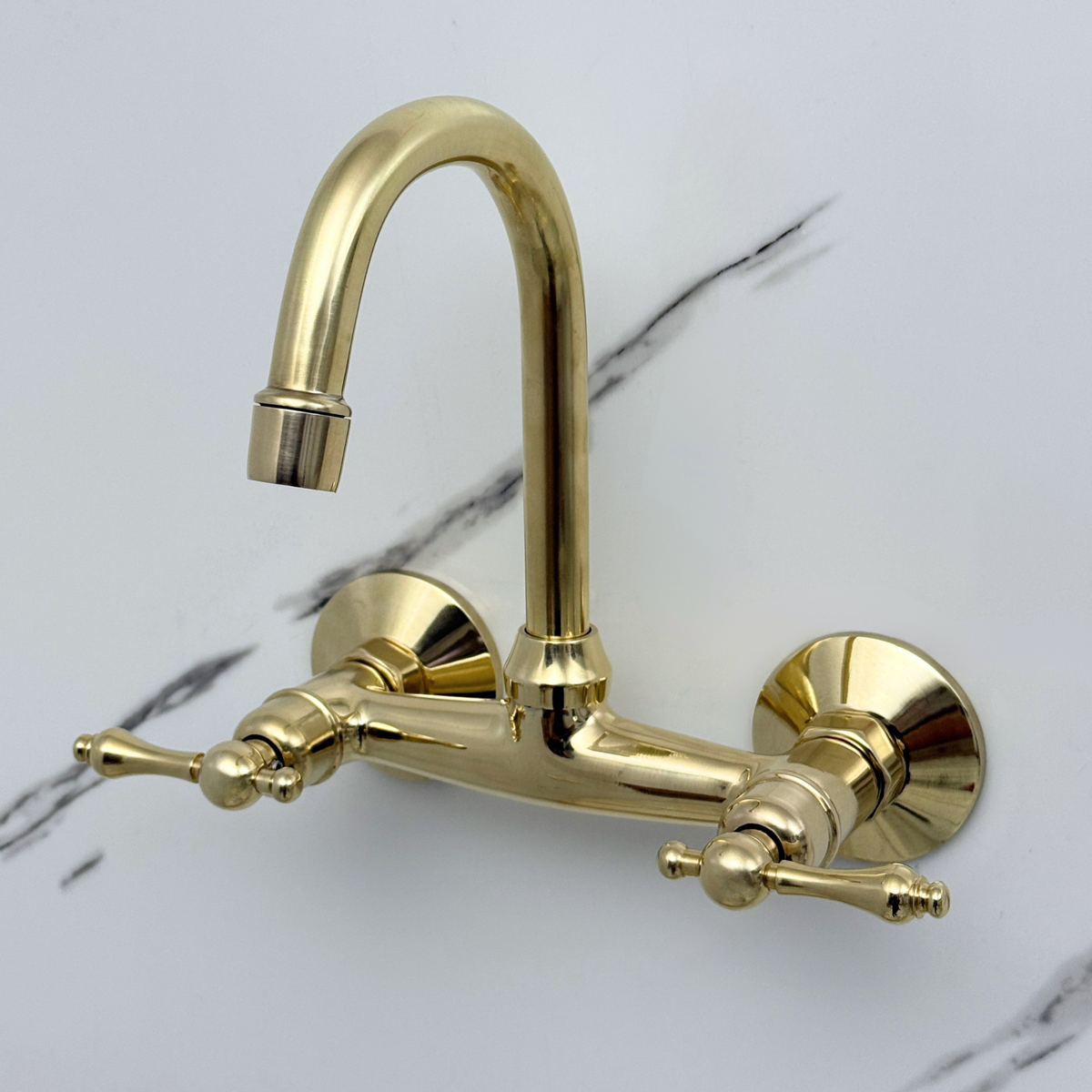 6.5" Gooseneck unlacquered brass wall faucet, 6" spread with lever handles – alternate view 2