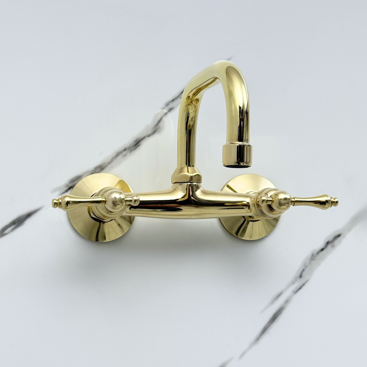 7.5" Swivel unlacquered brass wall faucet, 6" spread with lever handles – alternate view 7