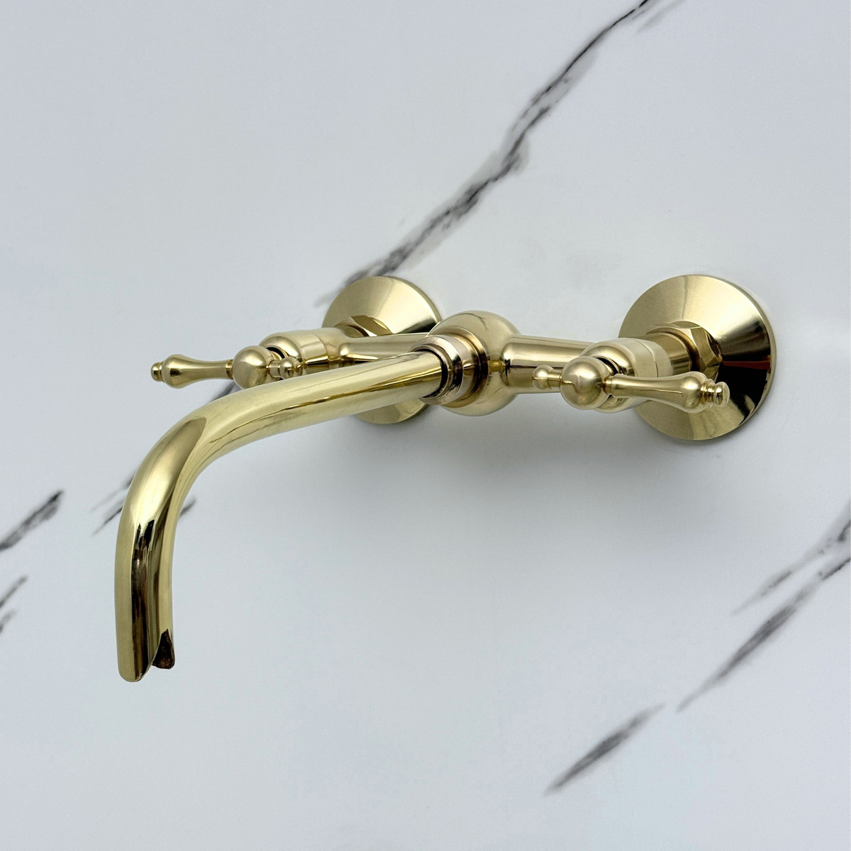 10" Ball-Center unlacquered brass wall faucet, 6" spread with lever handles – alternate view 4