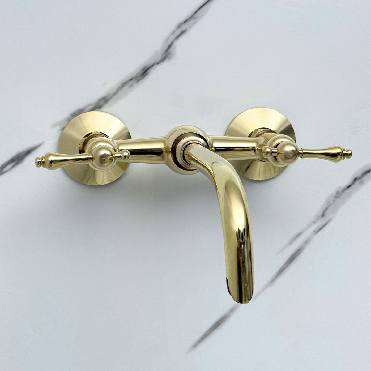 10" Ball-Center unlacquered brass wall faucet, 6" spread with lever handles – alternate view 5