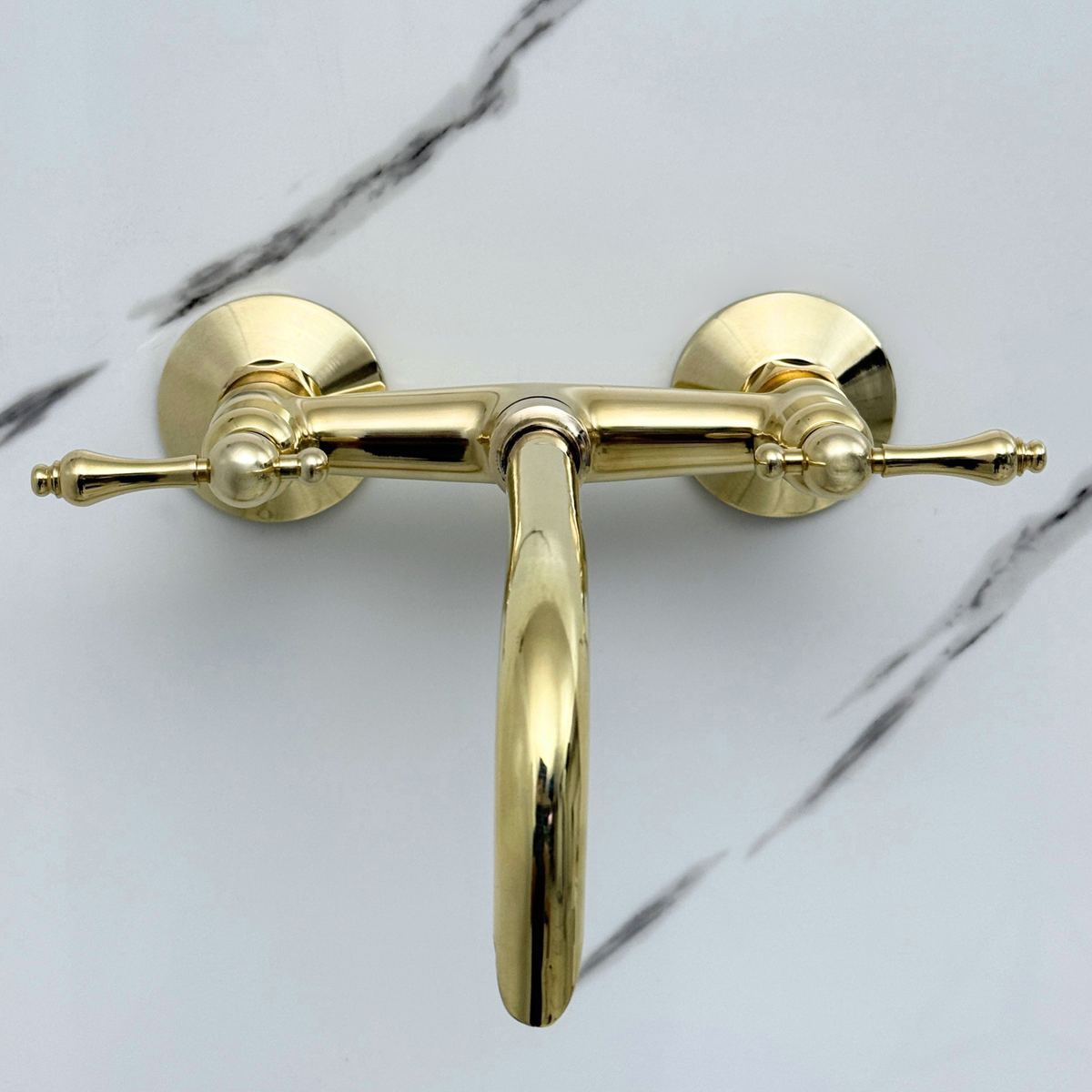 10" Curved unlacquered brass wall faucet, 3.5" drop with lever handles – alternate view 9