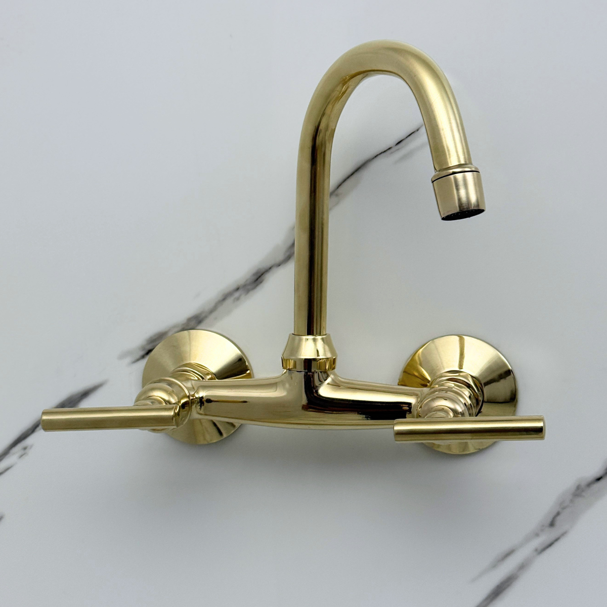 6.5" Gooseneck unlacquered brass wall faucet, 6" spread with lever handles – alternate view 6