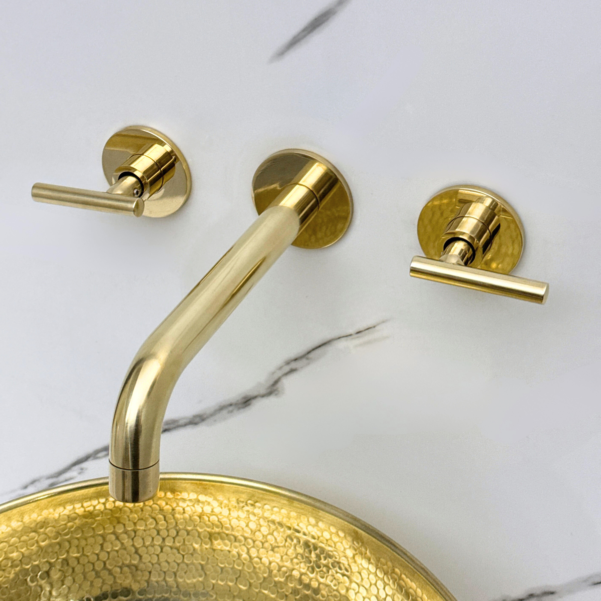 8" Curved unlacquered brass wall faucet, 2.5" drop with lever handles – alternate view 10