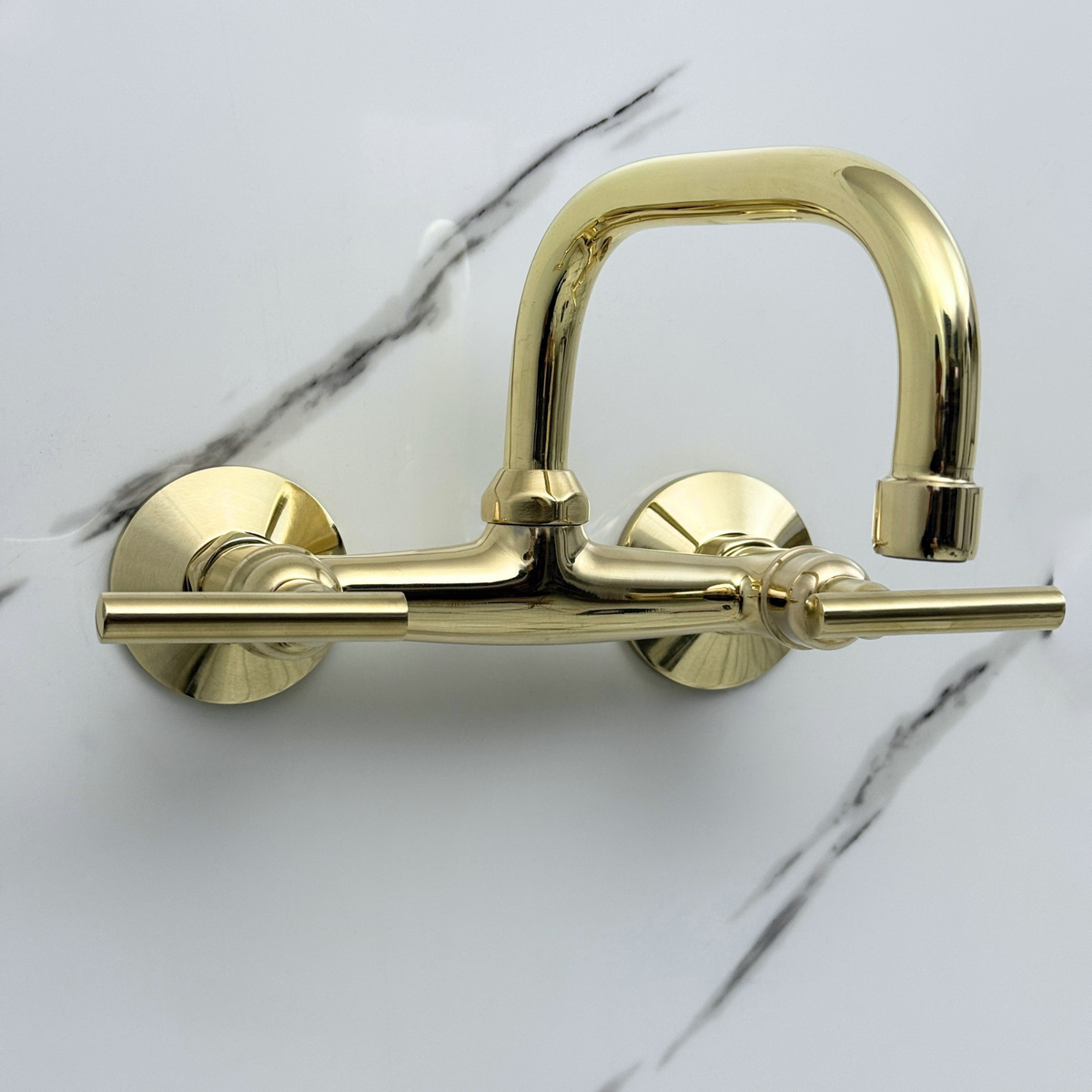 7.5" Swivel unlacquered brass wall faucet, 6" spread with lever handles – alternate view 6