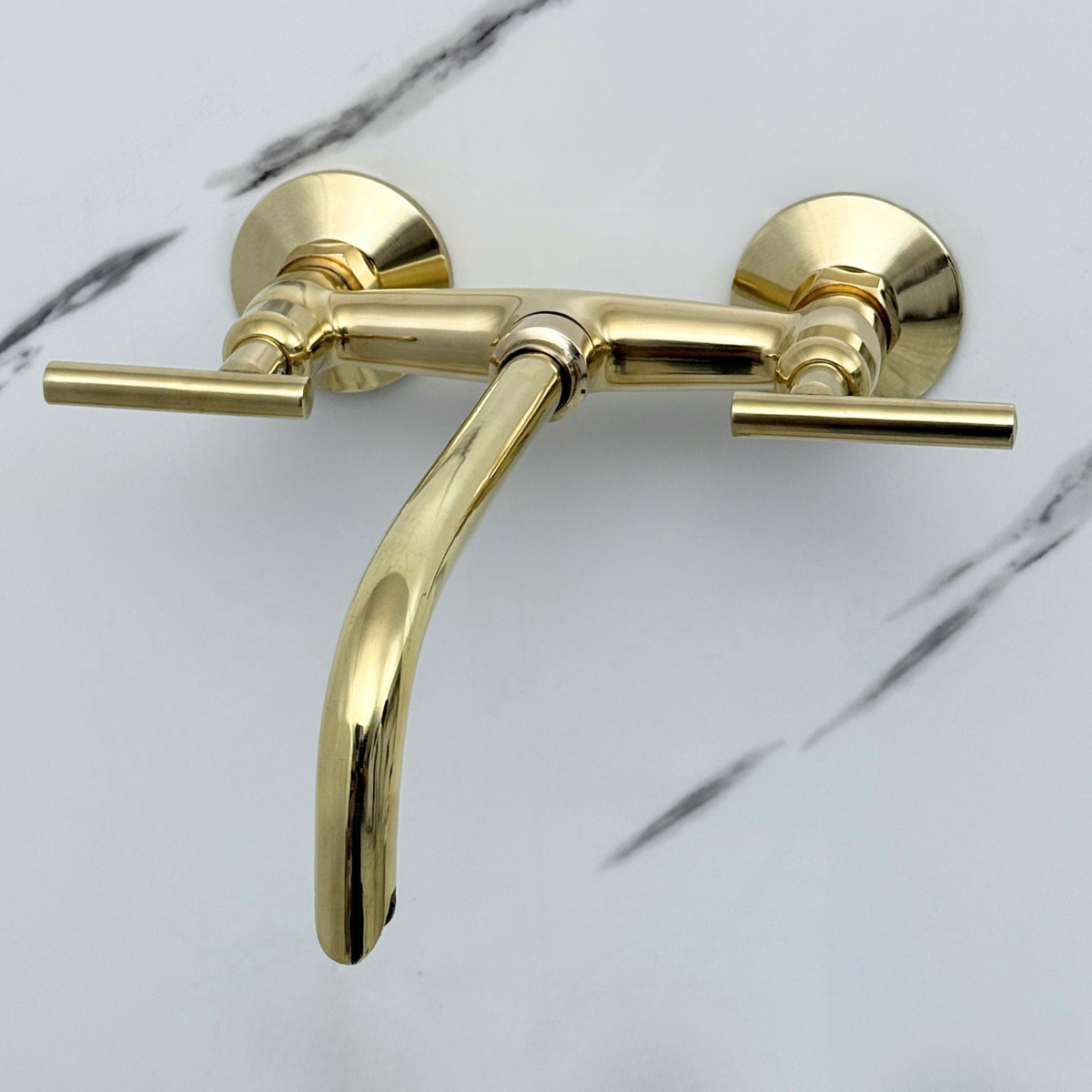 10" Curved unlacquered brass wall faucet, 3.5" drop with lever handles – alternate view 3