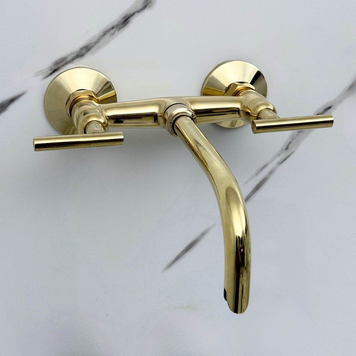 10" Curved unlacquered brass wall faucet, 3.5" drop with lever handles – alternate view 2