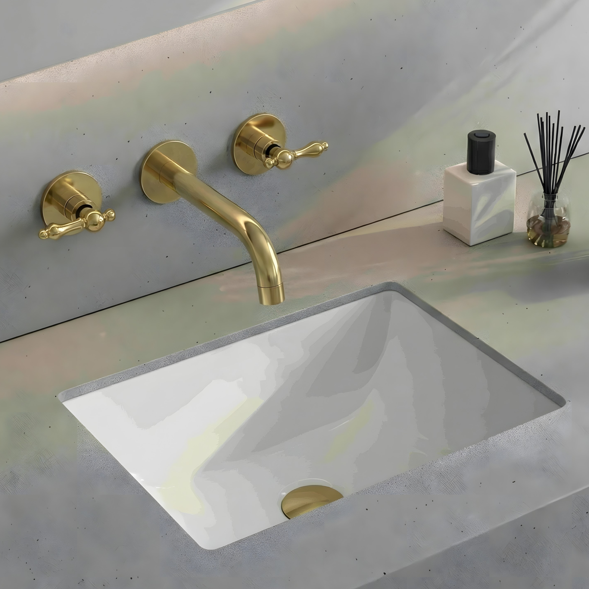 8" Curved unlacquered brass wall faucet, 2.5" drop with lever handles