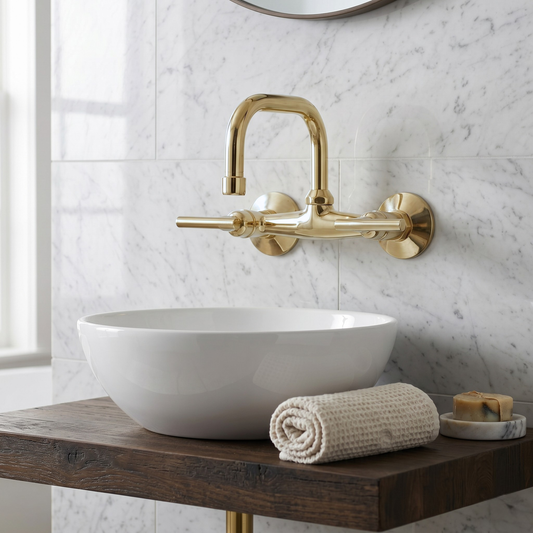 7.5" Swivel unlacquered brass wall faucet, 6" spread with lever handles