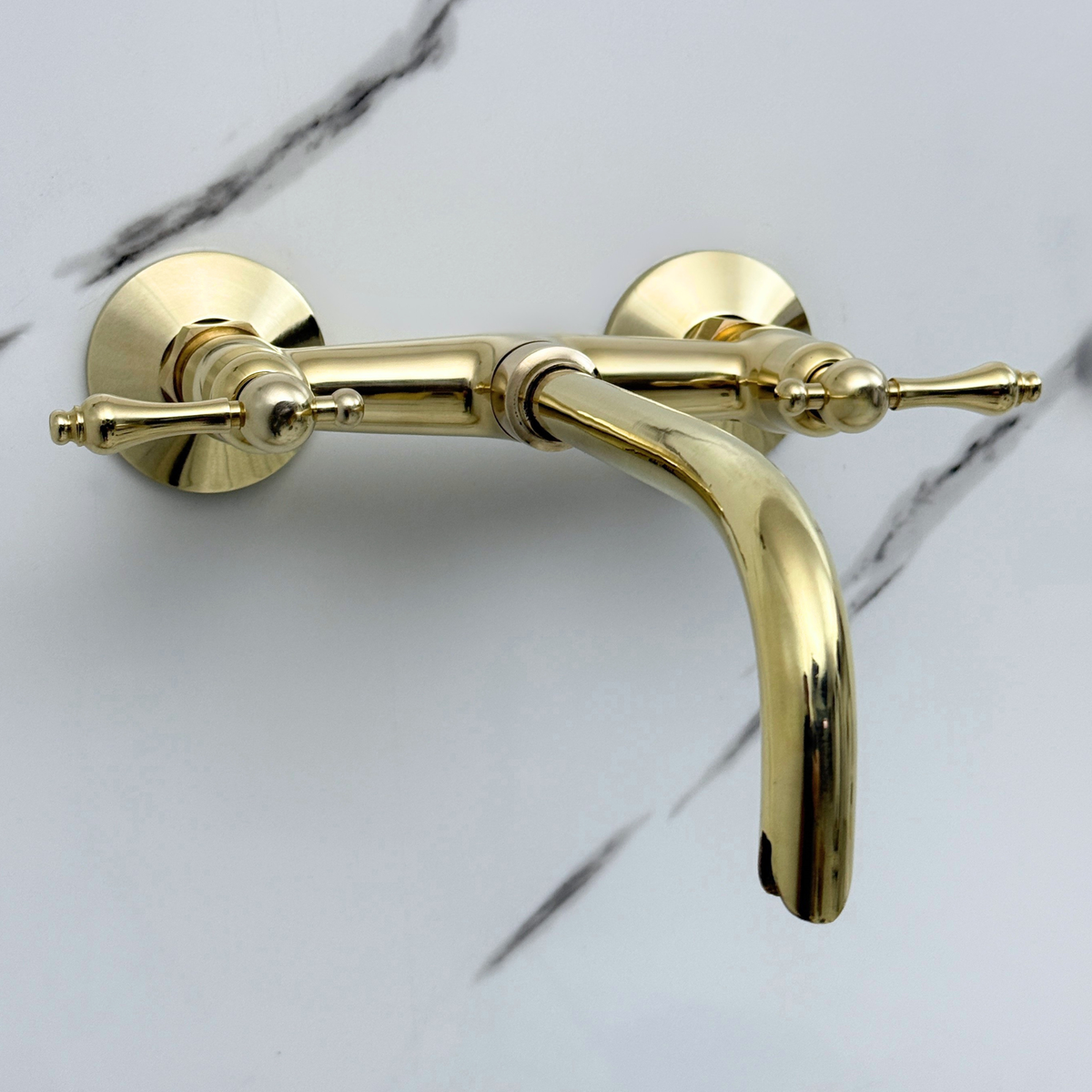 10" Curved unlacquered brass wall faucet, 3.5" drop with lever handles – alternate view 7