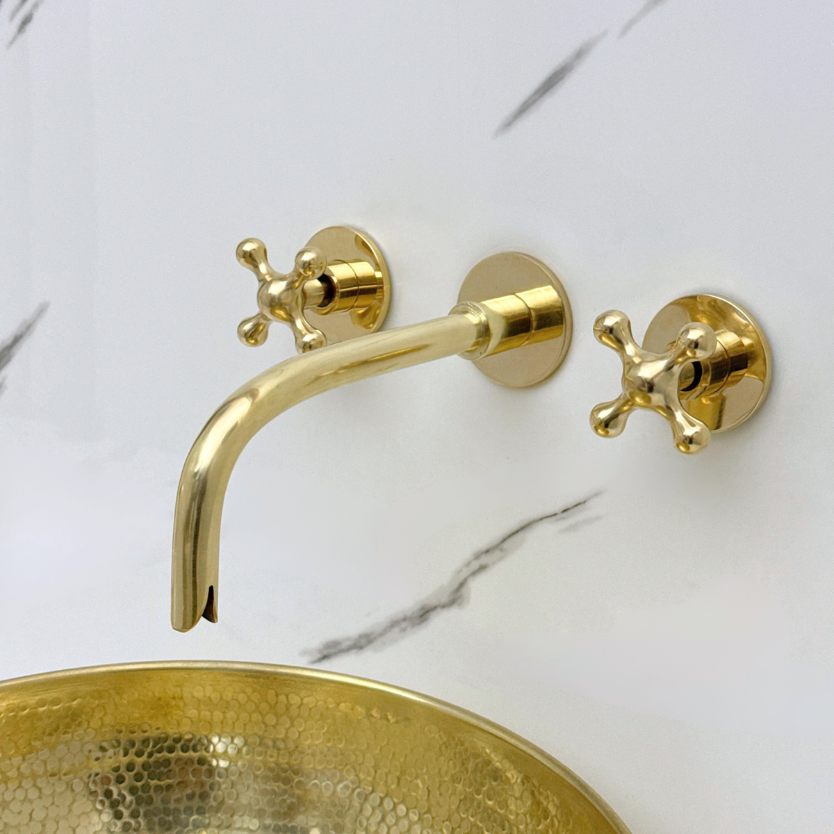8" Curved unlacquered brass wall faucet, 3.5" drop with cross handles – alternate view 2