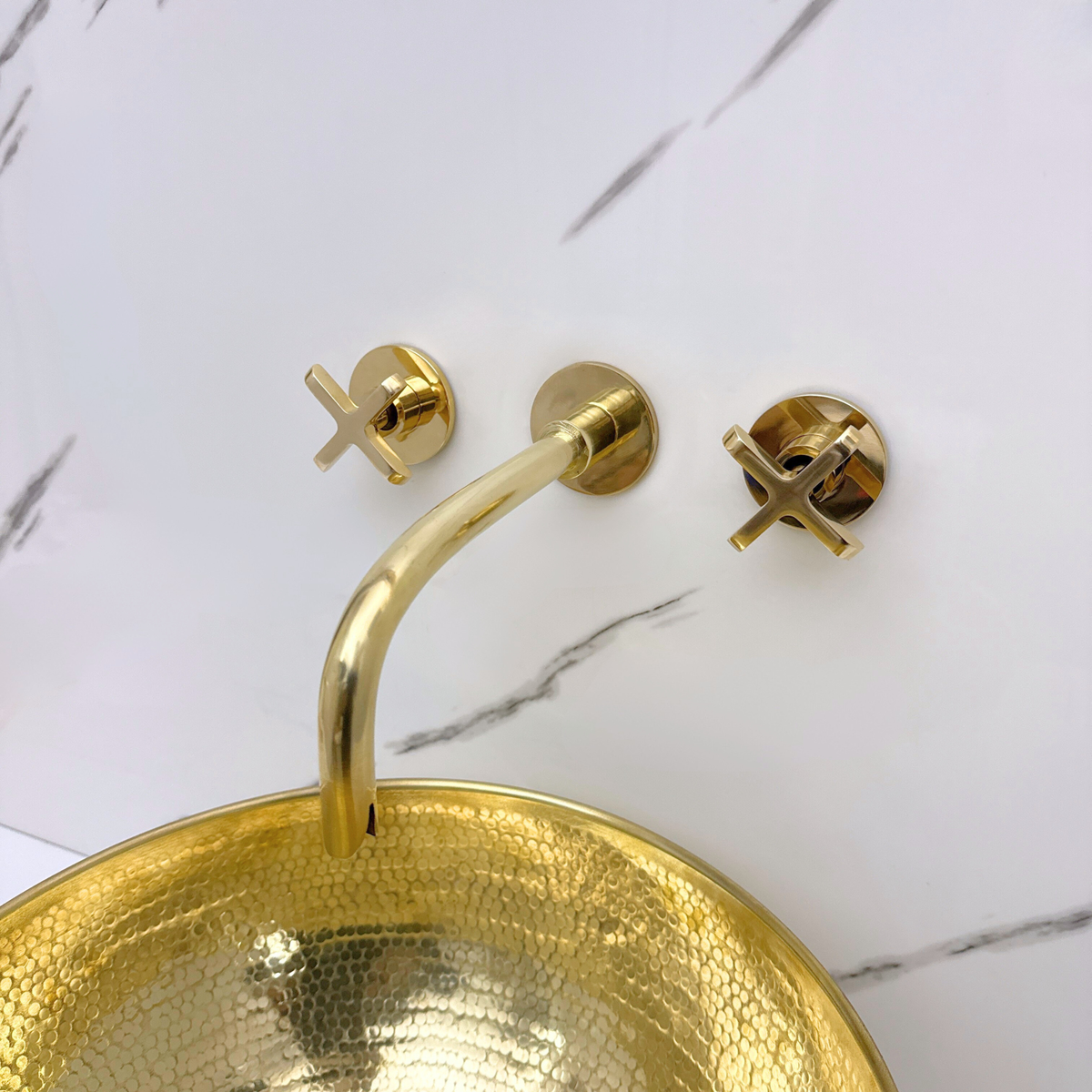 8" Curved unlacquered brass wall faucet, 3.5" drop with cross handles – alternate view 8