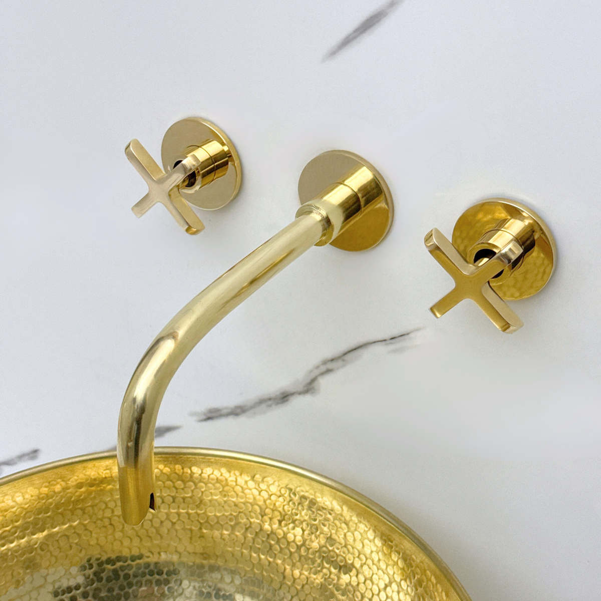 8" Curved unlacquered brass wall faucet, 3.5" drop with cross handles – alternate view 6