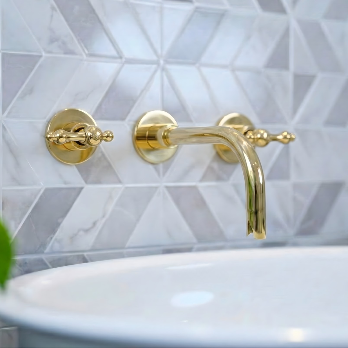 8" Curved unlacquered brass wall faucet, 3.5" drop with lever handles