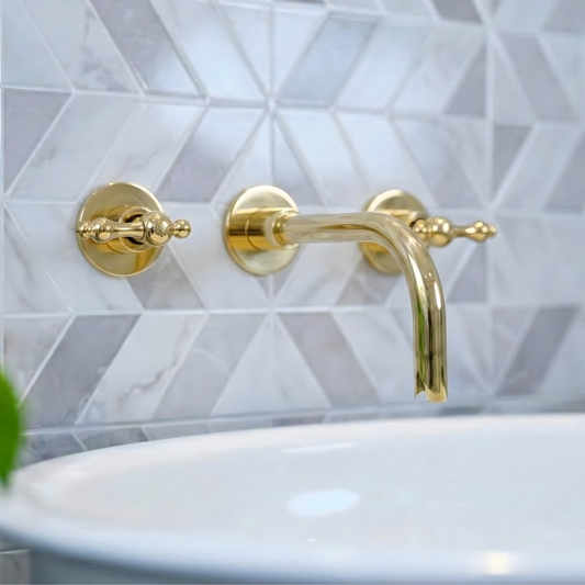 8" Curved unlacquered brass wall faucet, 3.5" drop with lever handles