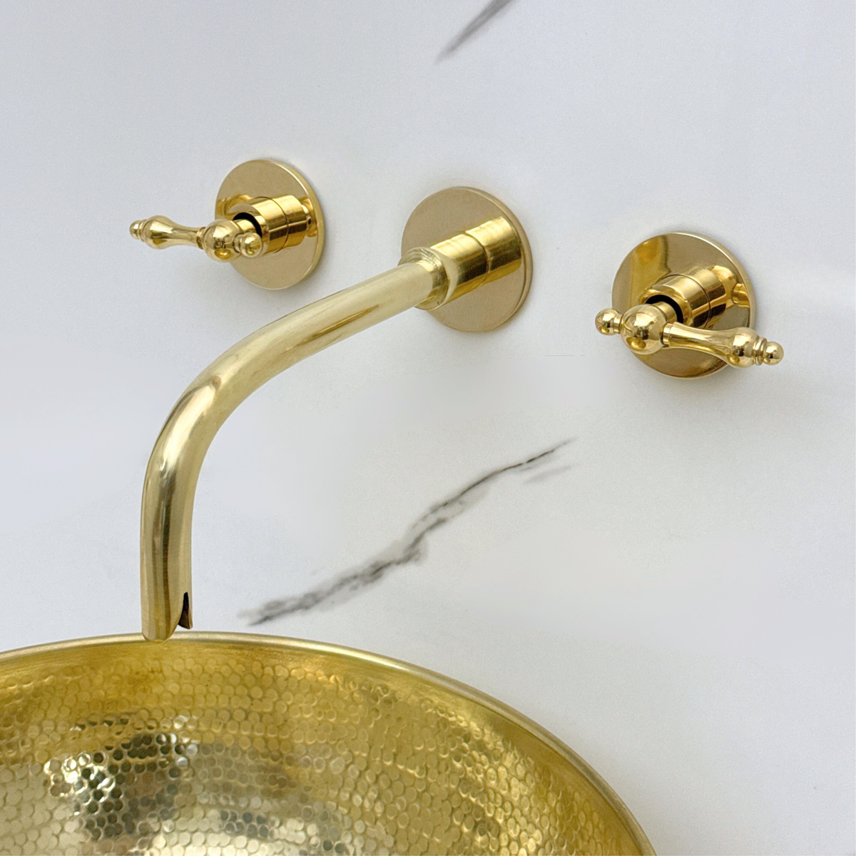 8" Curved unlacquered brass wall faucet, 3.5" drop with lever handles – alternate view 4