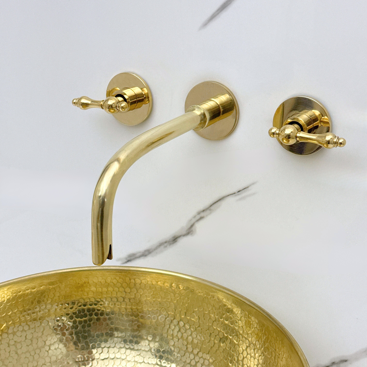 8" Curved unlacquered brass wall faucet, 3.5" drop with lever handles – alternate view 3