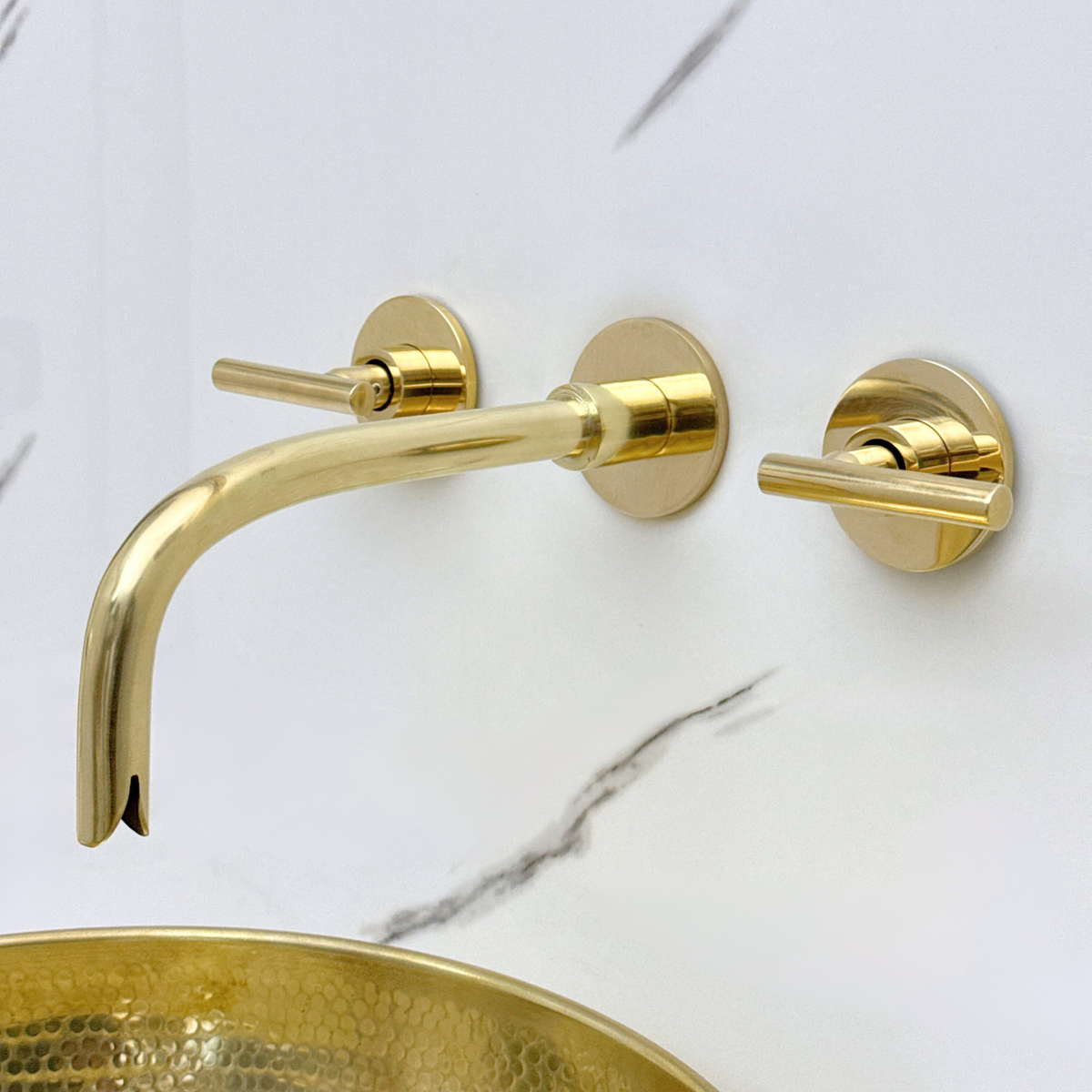 8" Curved unlacquered brass wall faucet, 3.5" drop with lever handles – alternate view 6