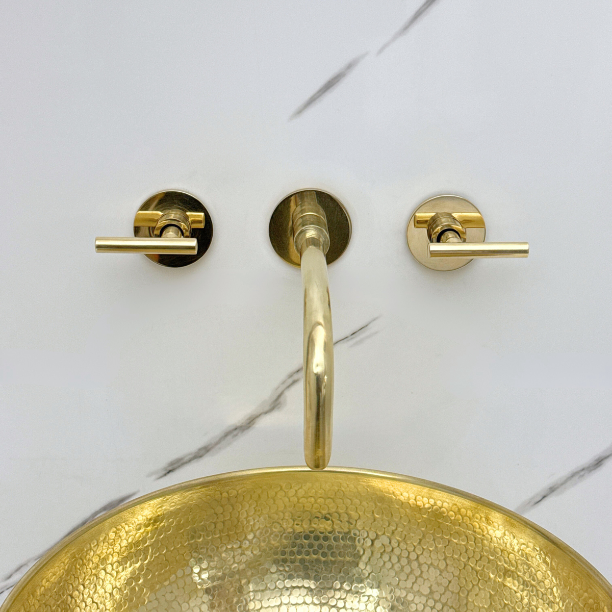 8" Curved unlacquered brass wall faucet, 3.5" drop with lever handles – alternate view 8
