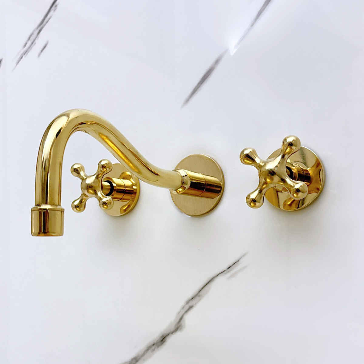 8" Curved unlacquered brass wall faucet, 2" drop with cross handles – alternate view 6