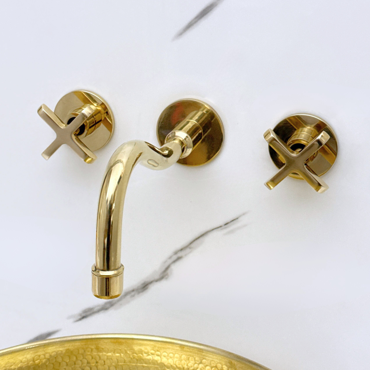8" Curved unlacquered brass wall faucet, 2" drop with cross handles – alternate view 8