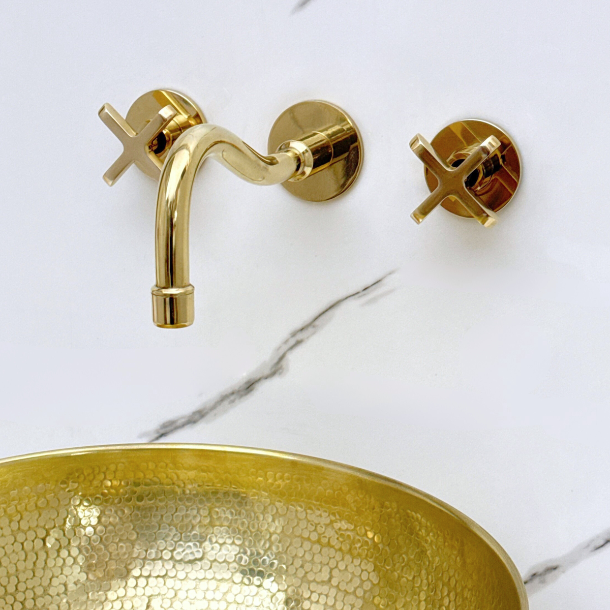 8" Curved unlacquered brass wall faucet, 2" drop with cross handles – alternate view 9