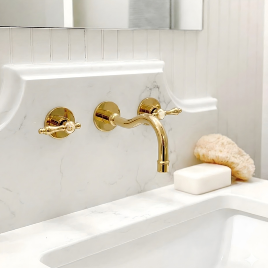 8" Curved unlacquered brass wall faucet, 2" drop with lever handles