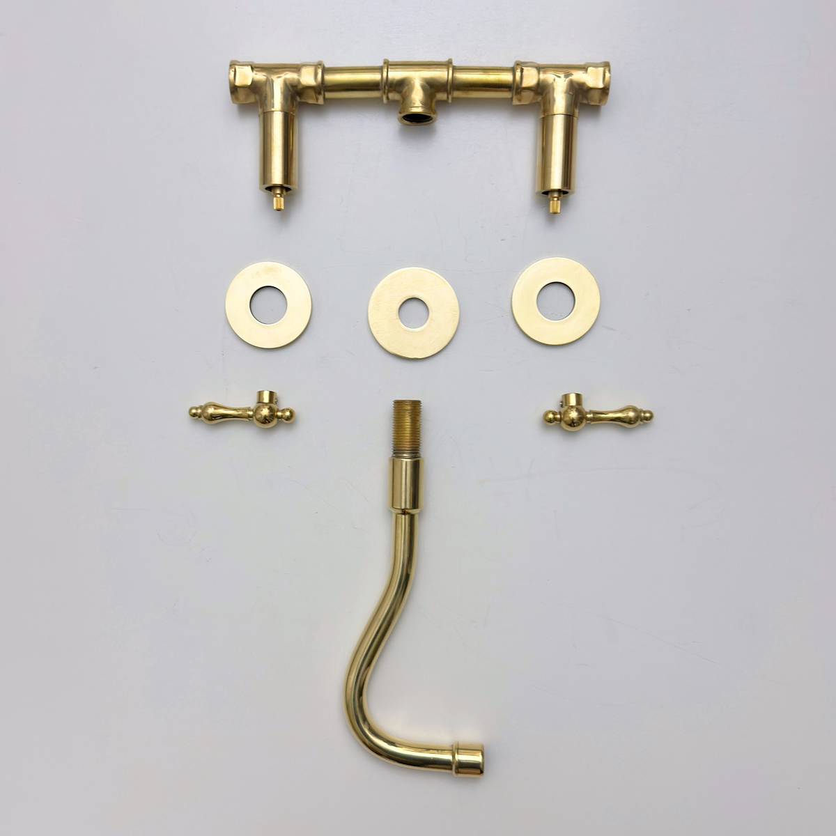 8" Curved unlacquered brass wall faucet, 2" drop with lever handles – alternate view 11