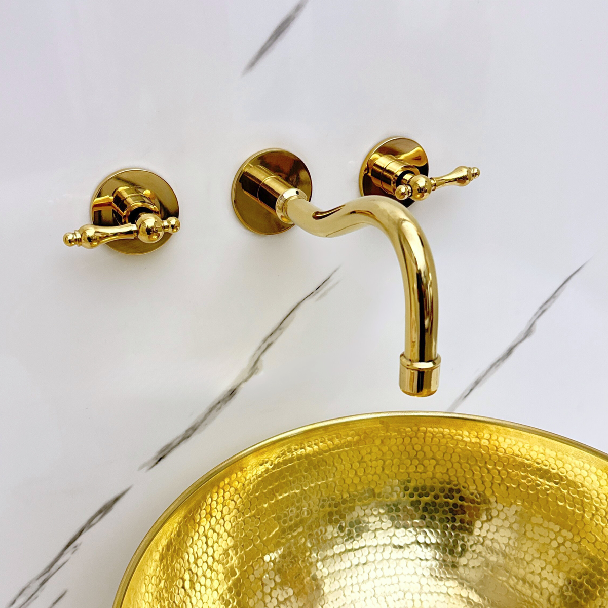 8" Curved unlacquered brass wall faucet, 2" drop with lever handles – alternate view 4