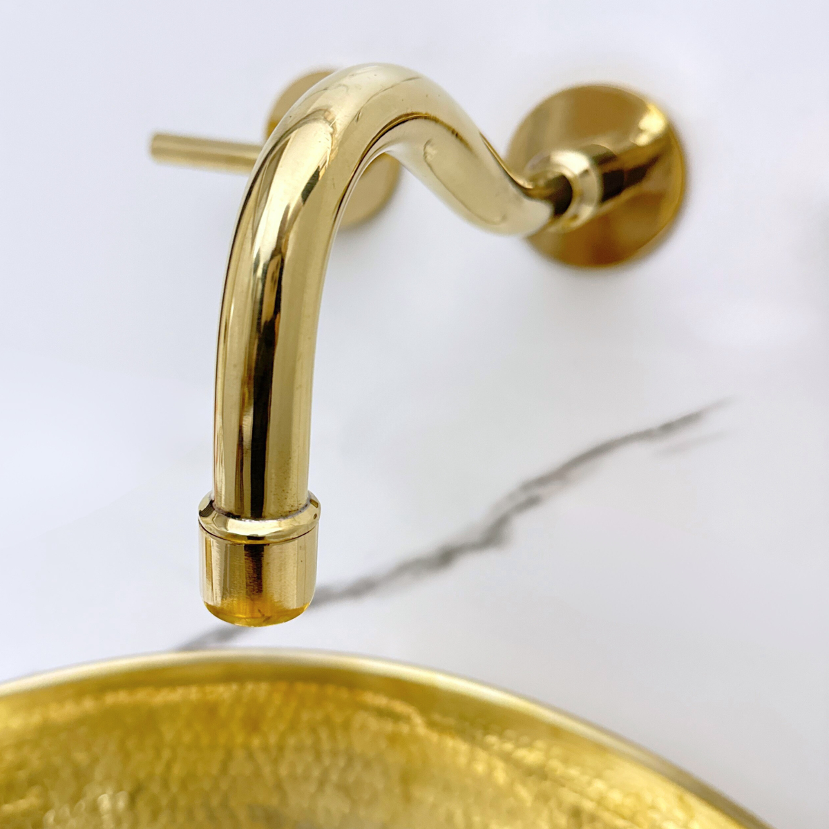 8" Curved unlacquered brass wall faucet, 2" drop with lever handles – alternate view 8