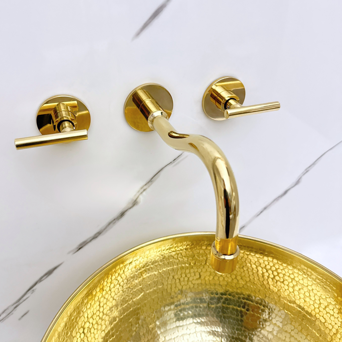 8" Curved unlacquered brass wall faucet, 2" drop with lever handles – alternate view 9