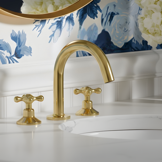 Gooseneck unlacquered brass widespread faucet, 5" reach with cross handles