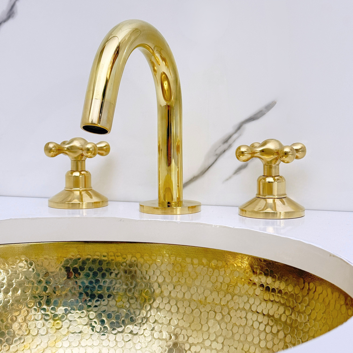 Gooseneck unlacquered brass widespread faucet, 5" reach with cross handles – alternate view 5