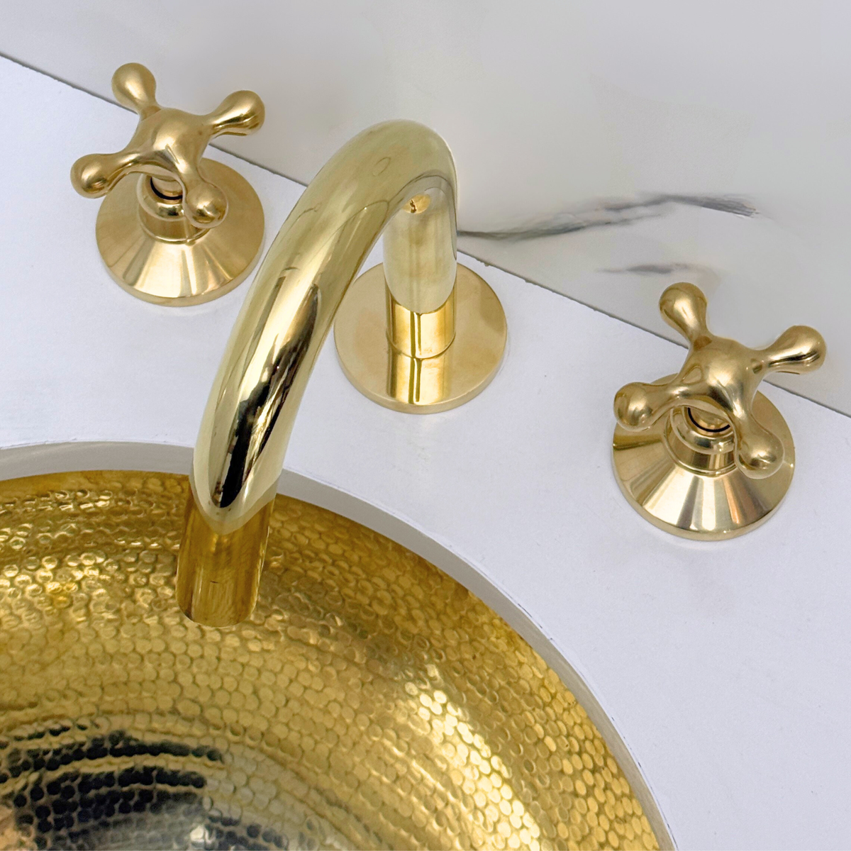Gooseneck unlacquered brass widespread faucet, 5" reach with cross handles – alternate view 7