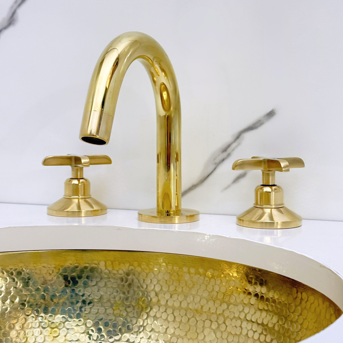 Gooseneck unlacquered brass widespread faucet, 5" reach with cross handles – alternate view 11