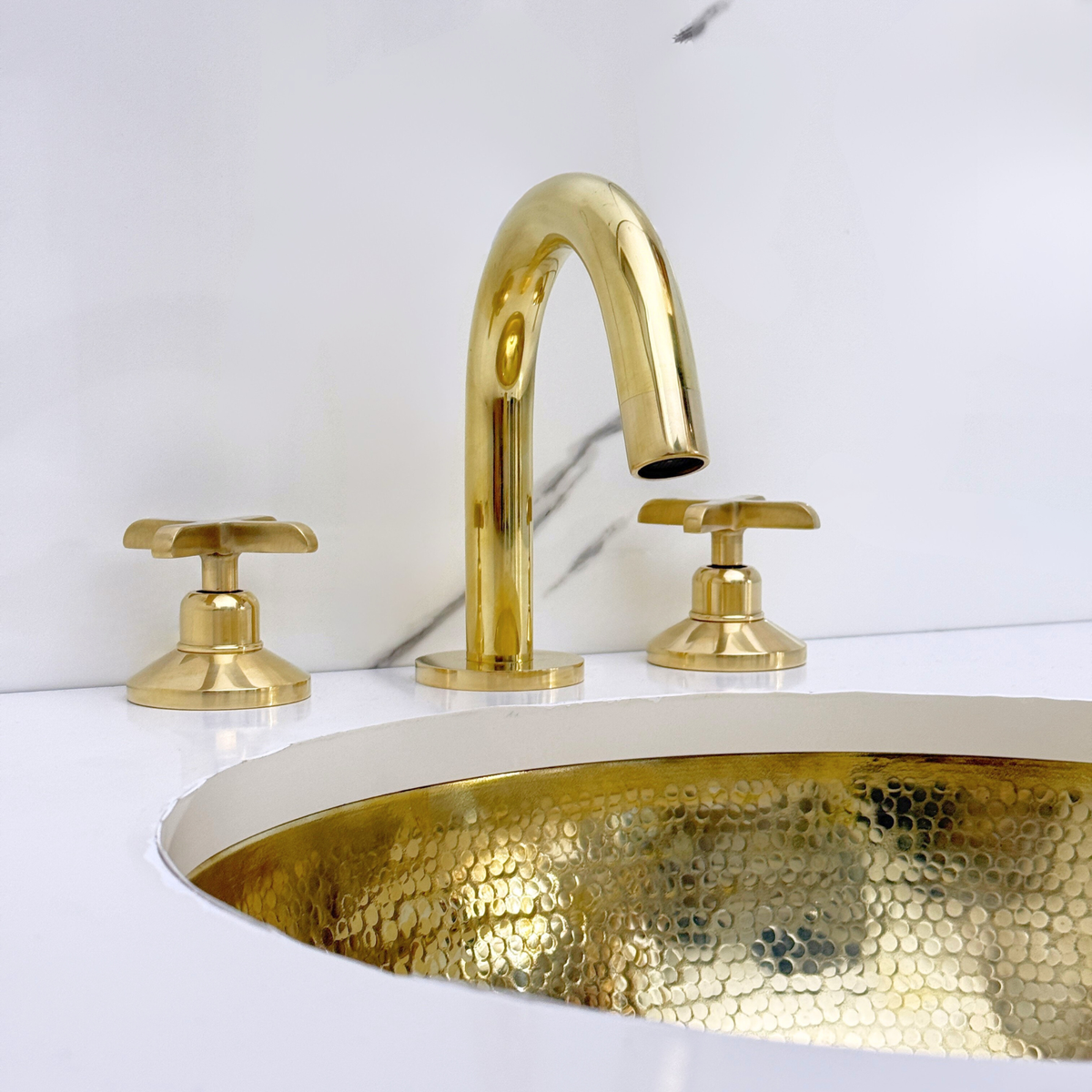 Gooseneck unlacquered brass widespread faucet, 5" reach with cross handles – alternate view 12
