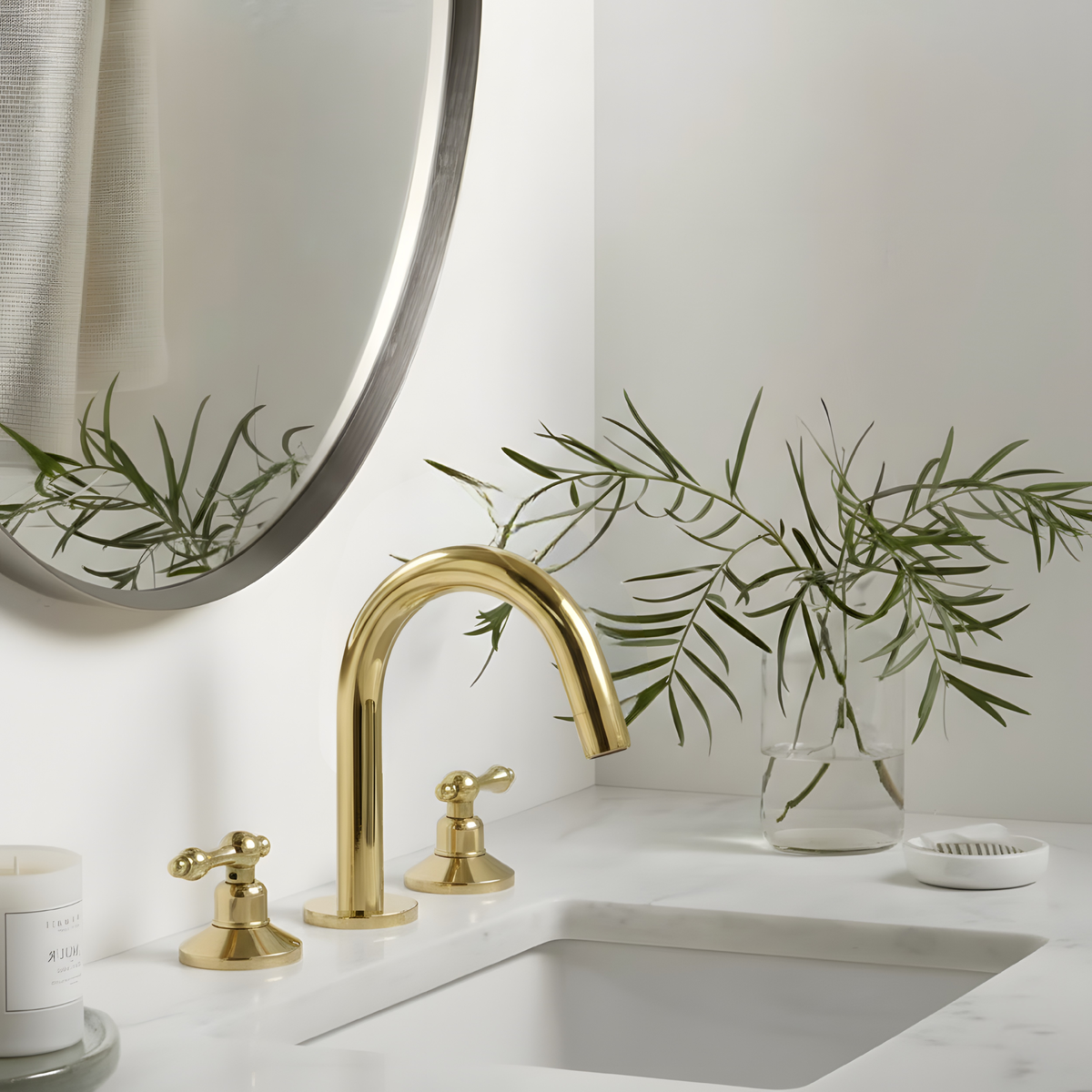 Gooseneck unlacquered brass widespread faucet, 5" reach with lever handles