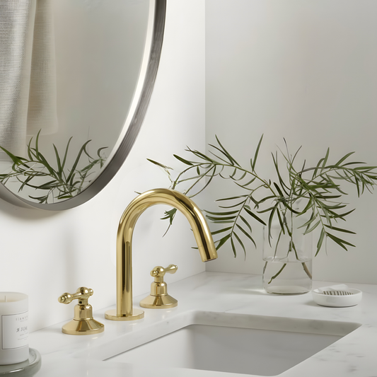 Gooseneck unlacquered brass widespread faucet, 5" reach with lever handles