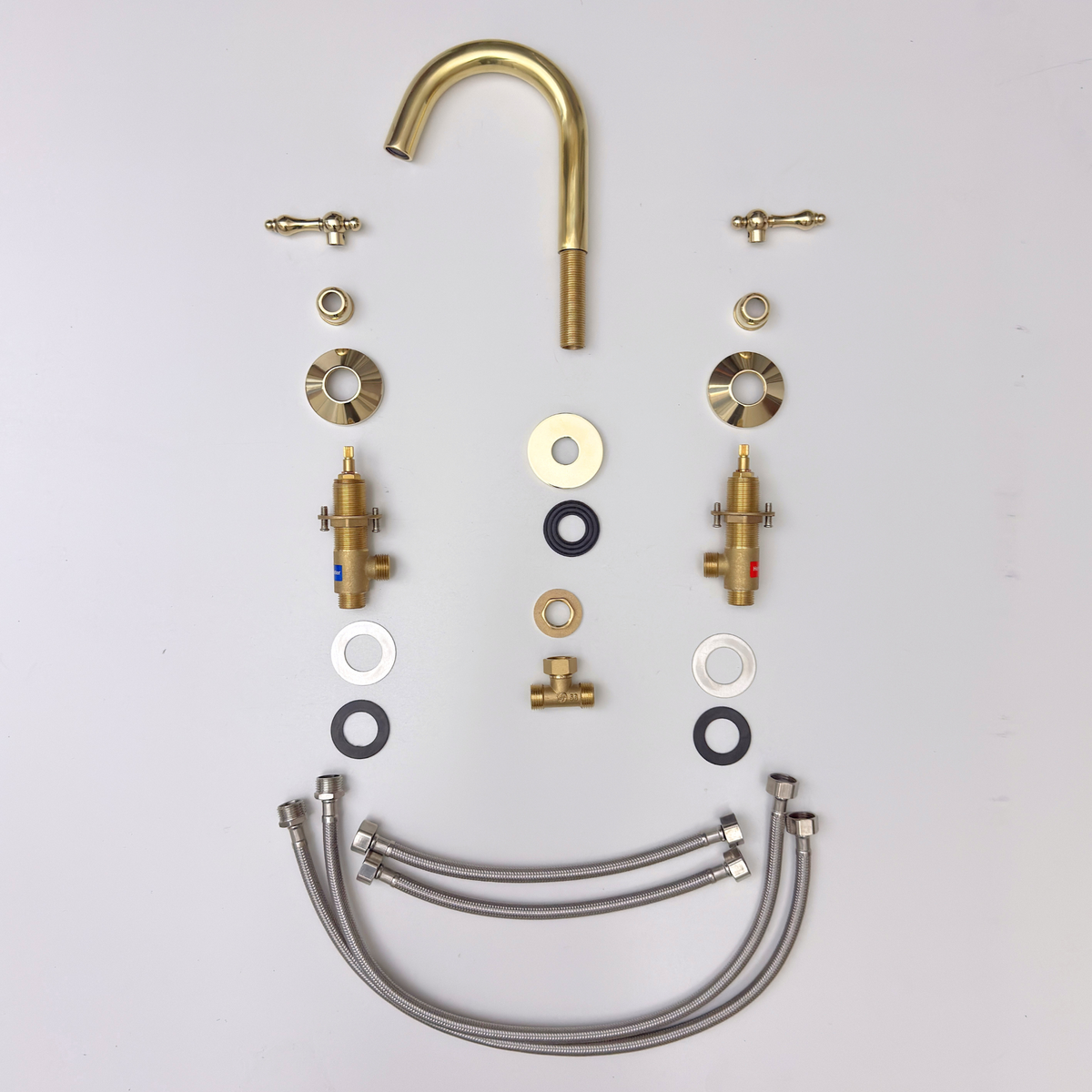 Gooseneck unlacquered brass widespread faucet, 5" reach with lever handles – alternate view 10