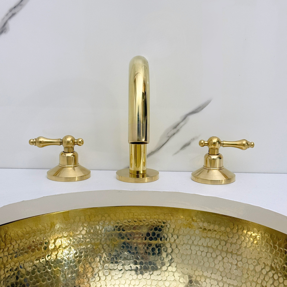 Gooseneck unlacquered brass widespread faucet, 5" reach with lever handles – alternate view 4