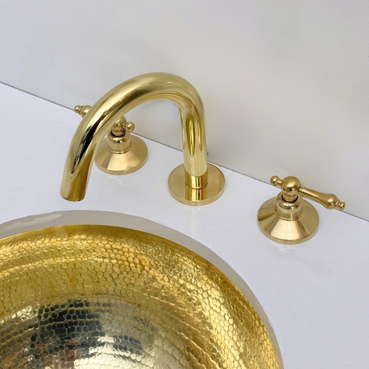 Gooseneck unlacquered brass widespread faucet, 5" reach with lever handles – alternate view 5