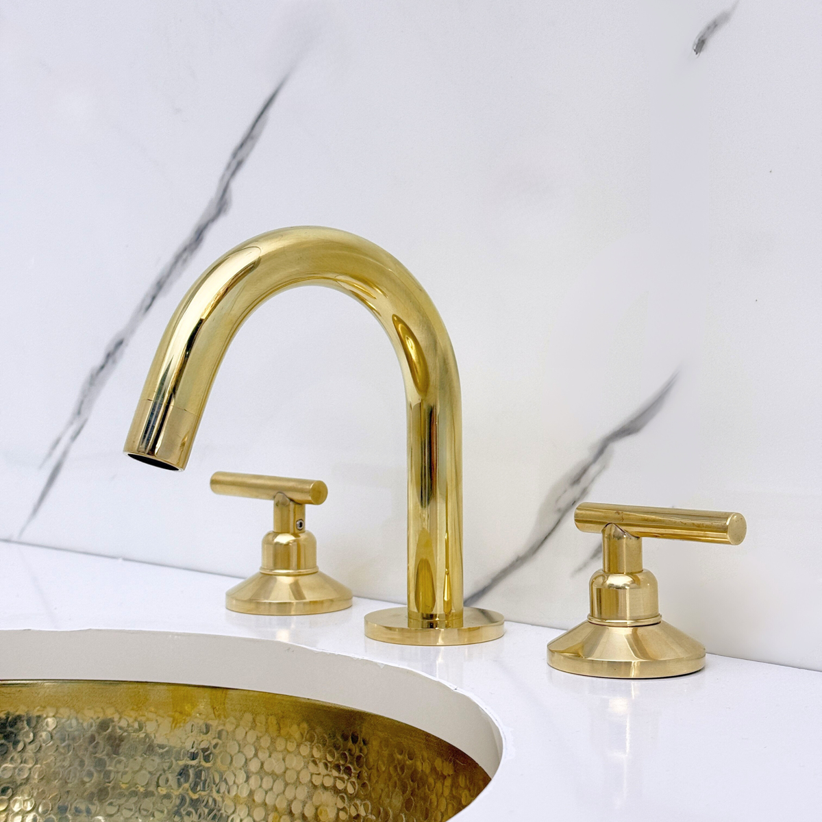 Gooseneck unlacquered brass widespread faucet, 5" reach with lever handles – alternate view 7
