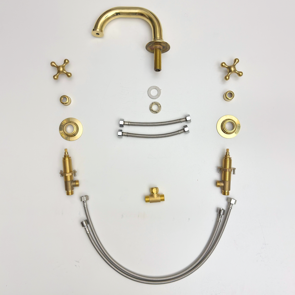 Curved unlacquered brass widespread faucet, 6.5" reach with cross handles – alternate view 10