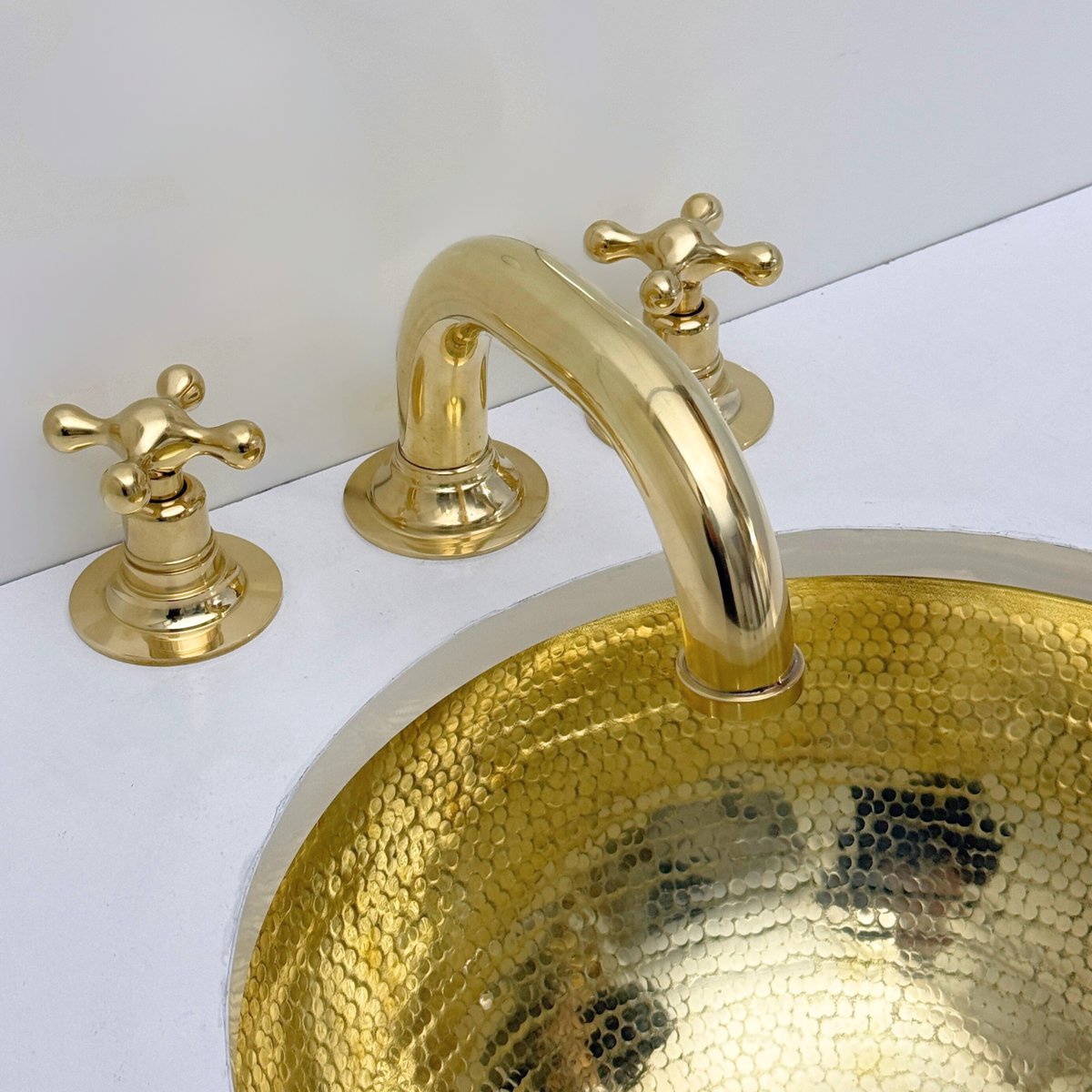 Curved unlacquered brass widespread faucet, 6.5" reach with cross handles – alternate view 3