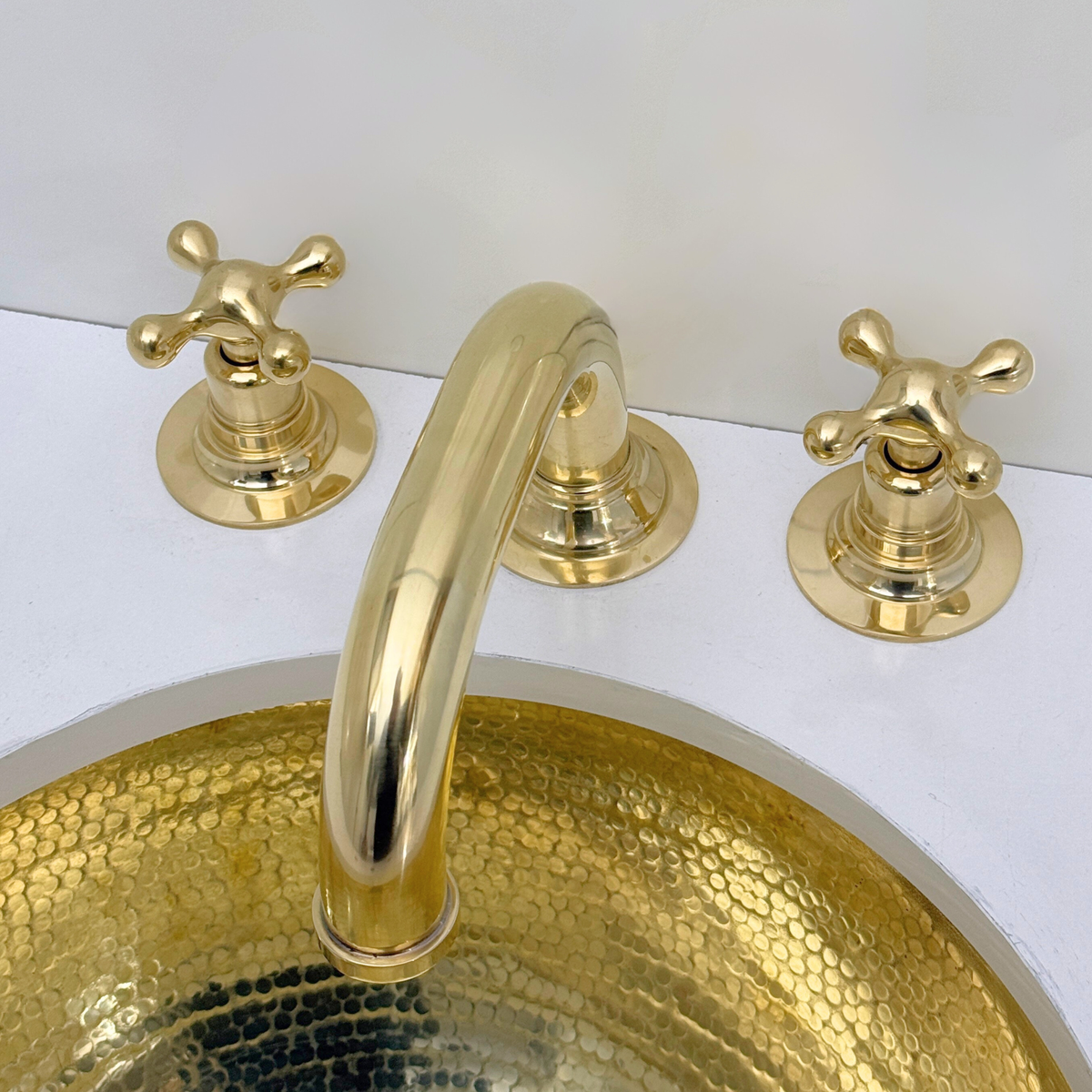 Curved unlacquered brass widespread faucet, 6.5" reach with cross handles – alternate view 4