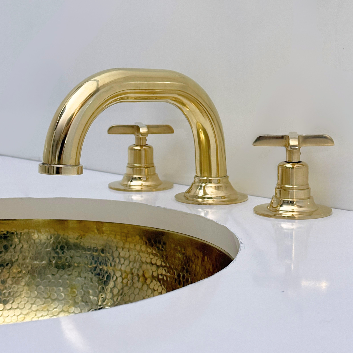 Curved unlacquered brass widespread faucet, 6.5" reach with cross handles – alternate view 6