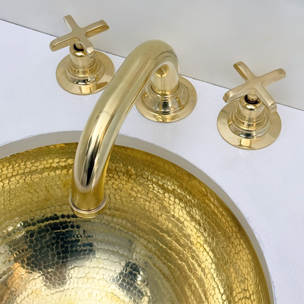Curved unlacquered brass widespread faucet, 6.5" reach with cross handles – alternate view 7