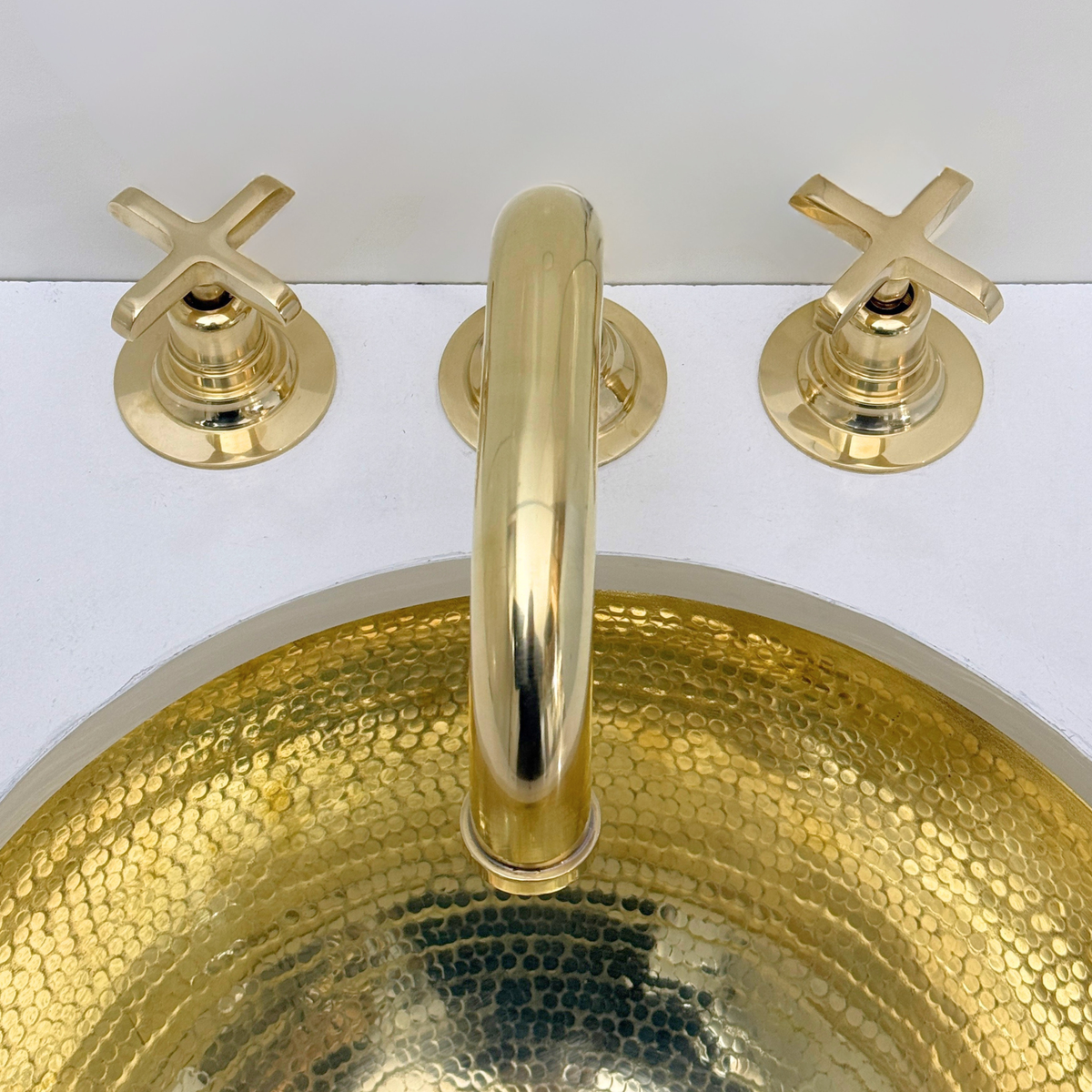 Curved unlacquered brass widespread faucet, 6.5" reach with cross handles – alternate view 8