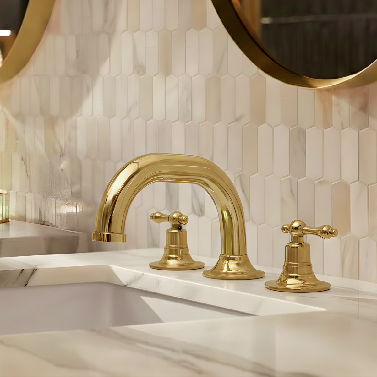 Curved unlacquered brass widespread faucet, 6.5" reach with lever handles