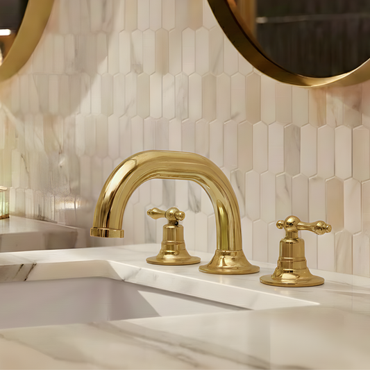 Curved unlacquered brass widespread faucet, 6.5" reach with lever handles