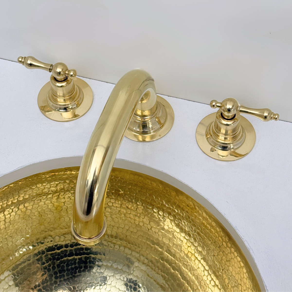 Curved unlacquered brass widespread faucet, 6.5" reach with lever handles – alternate view 3